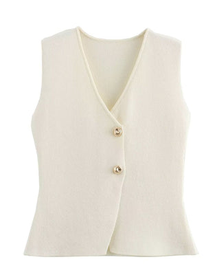 V-neck With Gold Buttons Vest Pleated Skirt 2-piece Sets