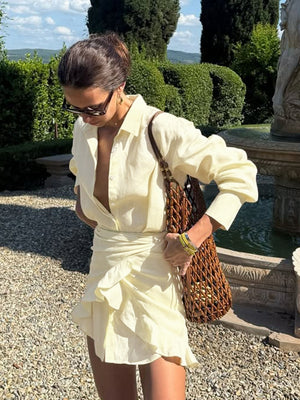 Pure Cotton Lapel Hip-hugging Shirts Mini&Short Dresses