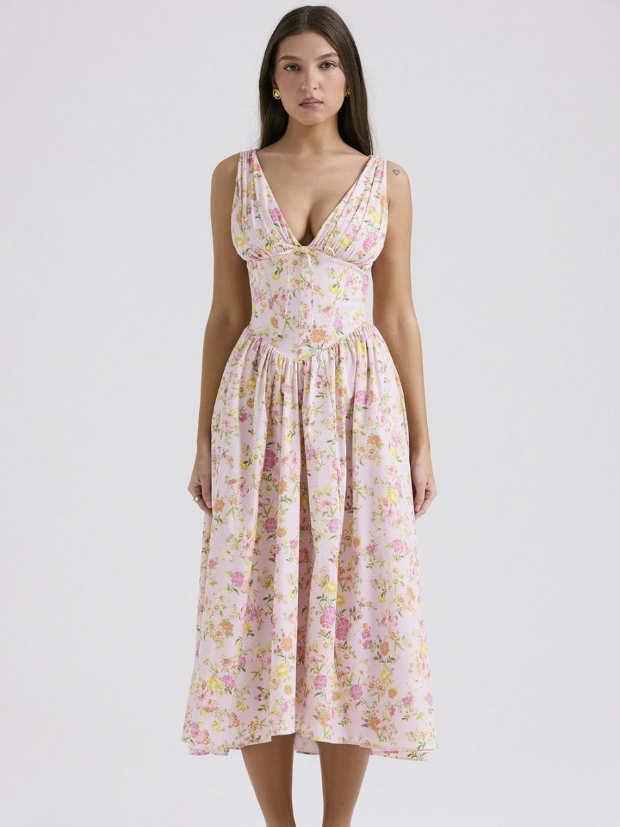 Resort-style Floral Print V-neck Spaghetti Strap Maxi Dress