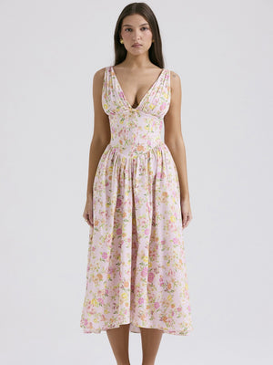 Resort-style Floral Print V-neck Spaghetti Strap Maxi Dress