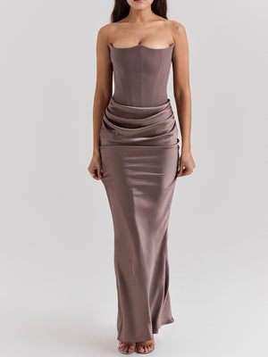 Satin Belted Strapless Off-the-shoulder Fishbone Pleated Long Bodycon Dress