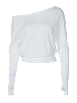 White Loose Leisure Slimming Off-shoulder Hood T-shirts