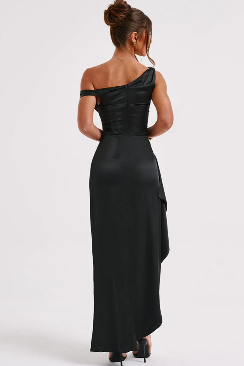 Asymmetrical Satin Shoulder Design With A Cinched Waist Solid Color Maxi Dresses