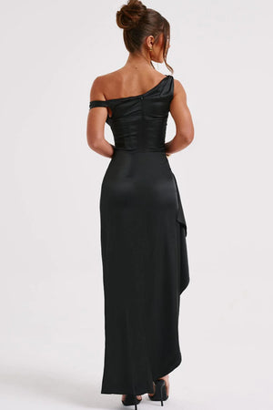 Asymmetrical Satin Shoulder Design With A Cinched Waist Solid Color Maxi Dresses