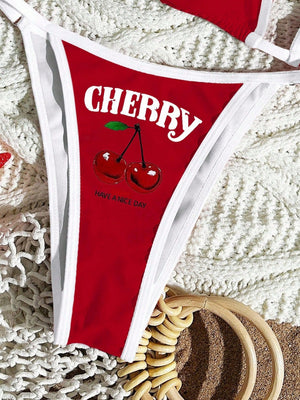 Cherry Print Lace-Up Bikini Three-Piece Set