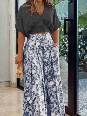 Plant-based Printing Loose Top Wide-leg Pants Set 2-piece Sets