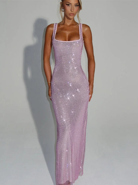 Sexy Double-strap Sequined Rhinestone Halter Top With Cinched Waist And Bodycon Silhouette Long Dress
