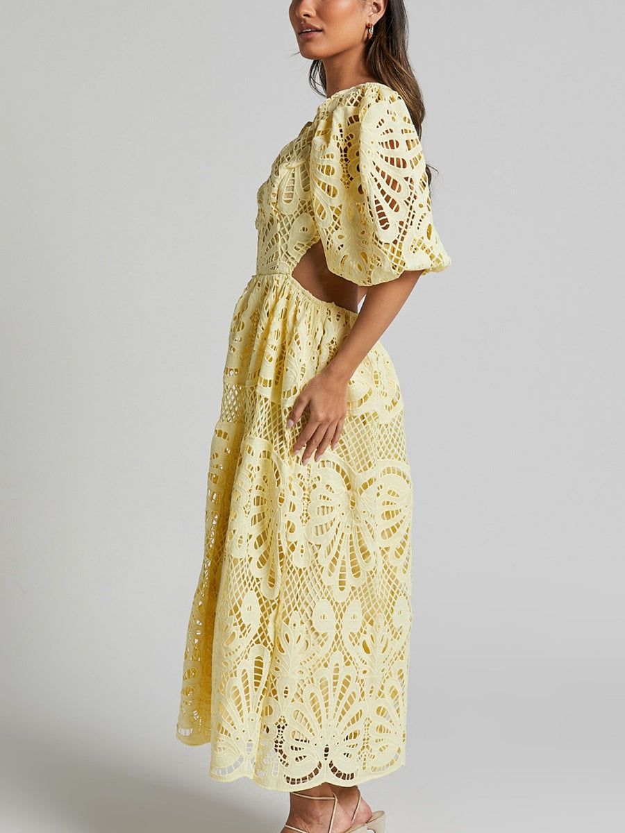 Robe midi sexy en dentelle brodée à col V