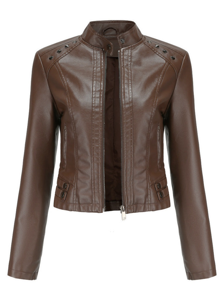 Studs Long Sleeve Stand Collar PU Leather Jackets