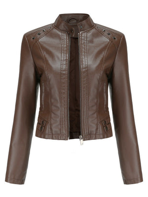 Studs Long Sleeve Stand Collar PU Leather Jackets