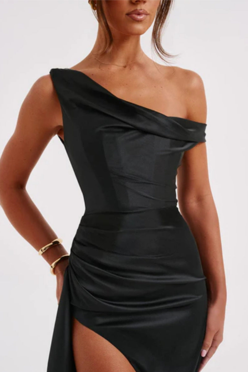 Asymmetrical Satin Shoulder Design With A Cinched Waist Solid Color Maxi Dresses