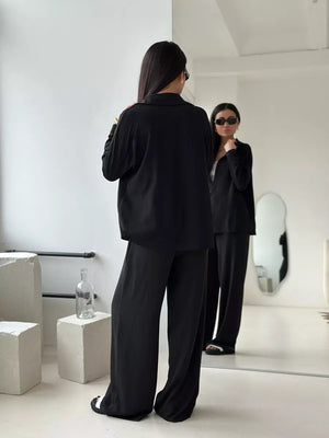 Solid Color Cardigan With Pockets, Casual Wide-leg Trousers 2-piece Sets