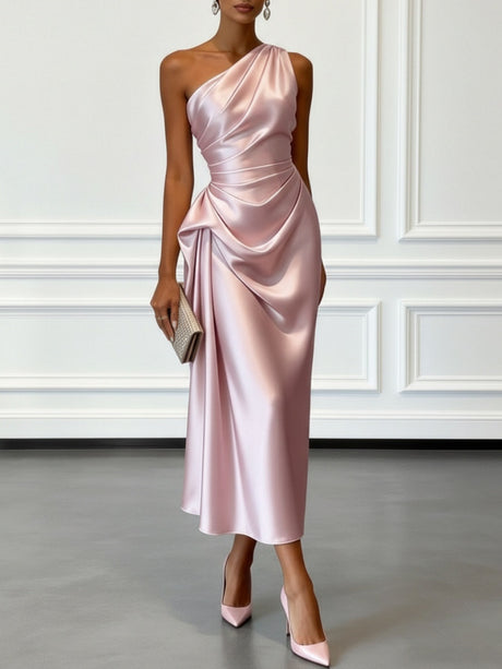 Satin Pleated One Shoulder Grace Formal Dress Maxi Dresses