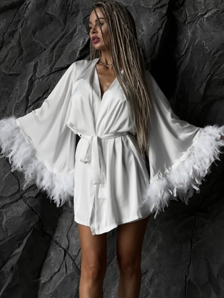 Satin Feather Three-piece Set Of Underwear, Shorts, And Bathrobe Sleepwear