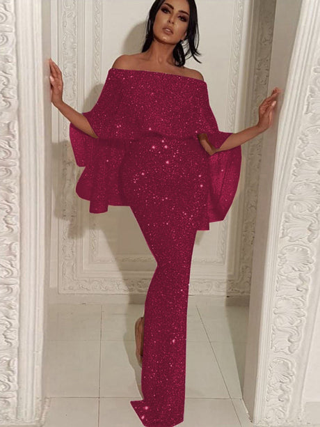 Ruffled One-shoulder Dress Sequins Maxi Dresses