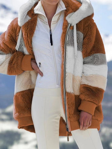 Loose Solid Color Plush Zipper Hood Color-block Jacket
