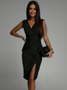 V-neck Sleeveless High-waisted Slit Dress Pleated Solid Color Short Dress