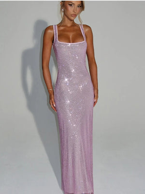 Sexy Double-strap Sequined Rhinestone Halter Top With Cinched Waist And Bodycon Silhouette Long Dress