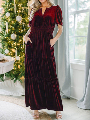 Splicing Short Sleeve Velvet Maxi Dresses