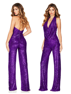 Sleeveless Halter Sequined Jumpsuit