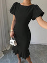Round Neck Lantern Sleeve Ruffled Fishtail Midi Dress