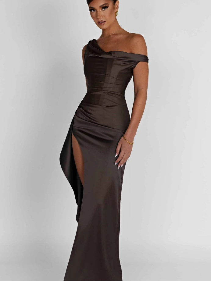 Asymmetrical Satin Shoulder Design With A Cinched Waist Solid Color Maxi Dresses