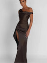 Asymmetrical Satin Shoulder Design With A Cinched Waist Solid Color Maxi Dresses