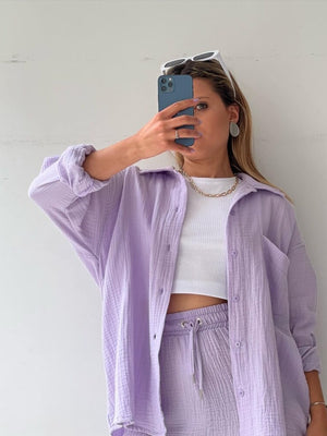 Long-sleeved Shirt And High-waisted Drawstring Shorts Casual Two-piece Set