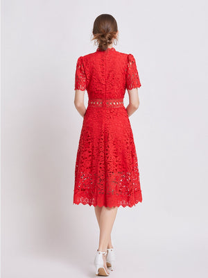 Lace Waist-cinching Hollow-out Midi Dress
