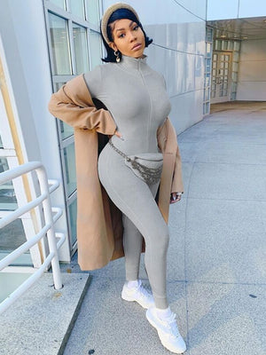 Zippered Elastic High-Neck Embroidered Slim Fit Fitness Jumpsuit