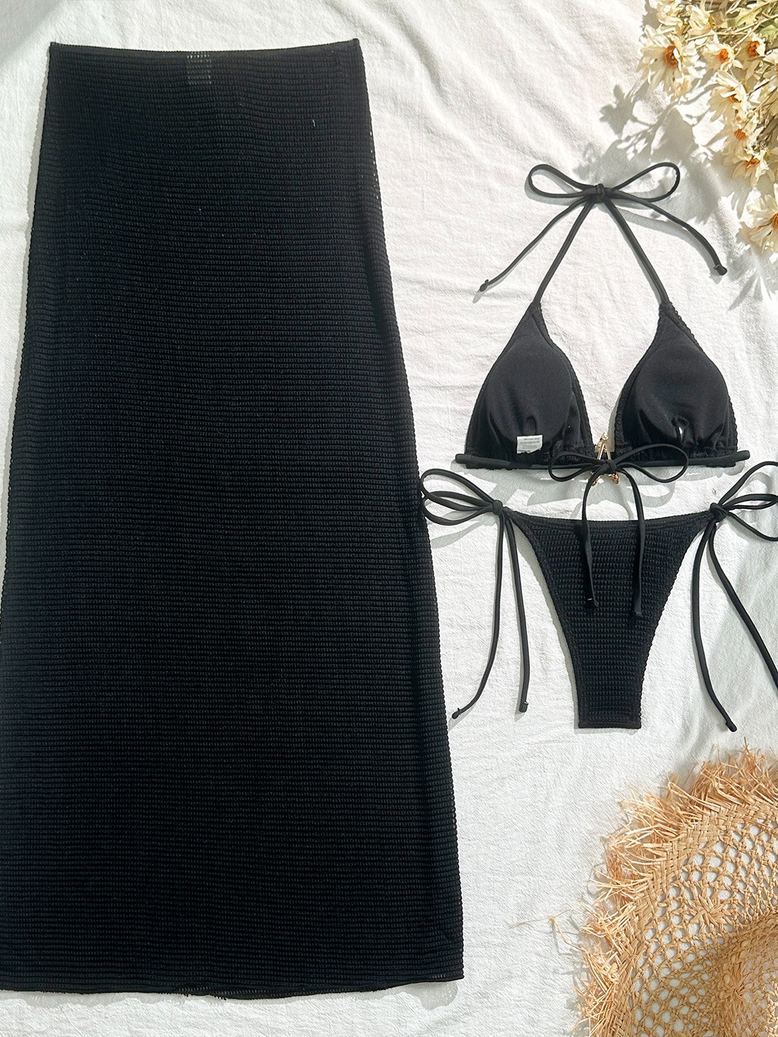 Solid Color Mesh Long Dress Starfish Swimsuit Bikini Three-piece Set