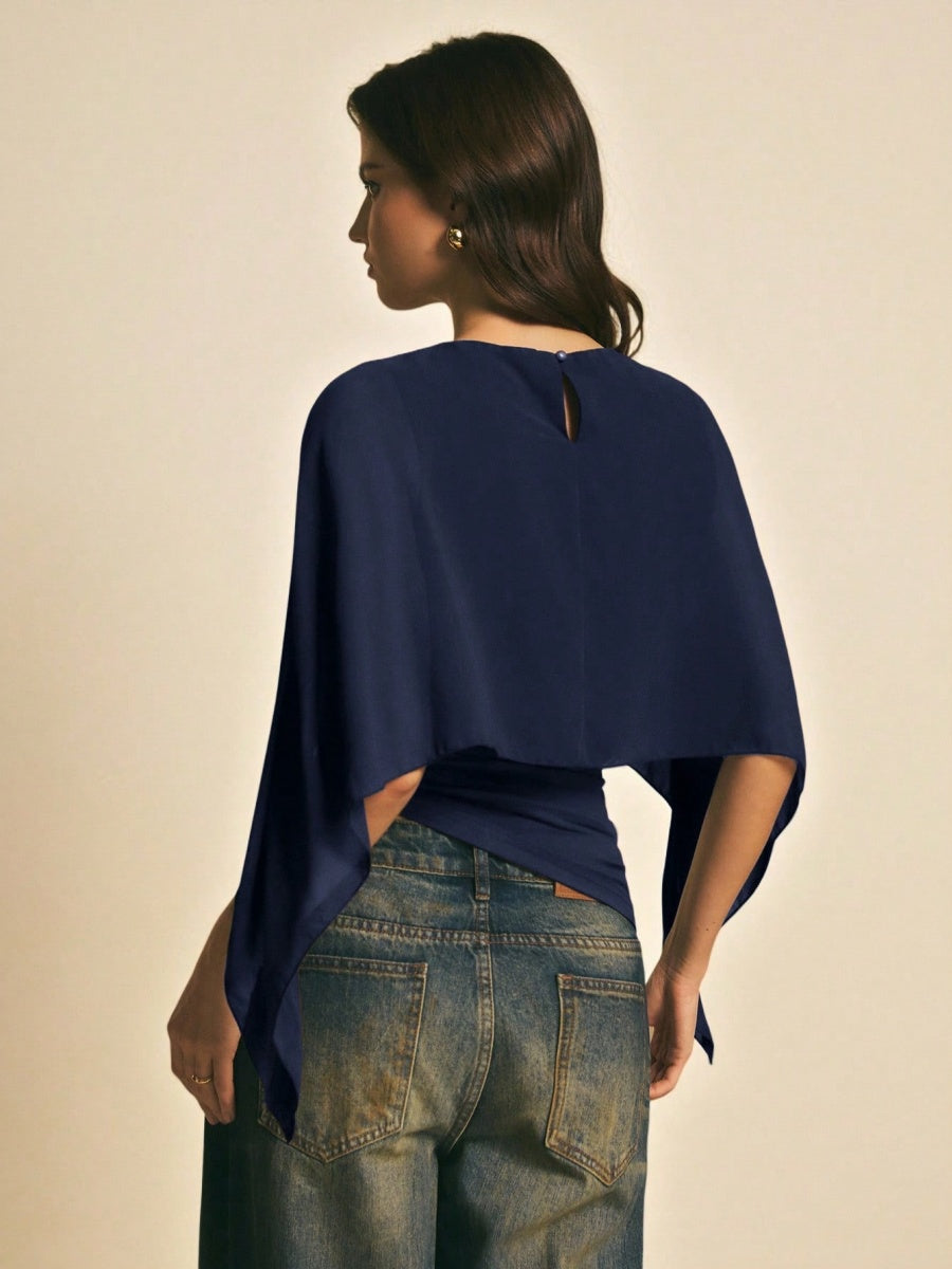 Cape-sleeve T-shirt, Round Neck, Loose Chiffon Cover-up, Elegant Irregular Top/T-shirt