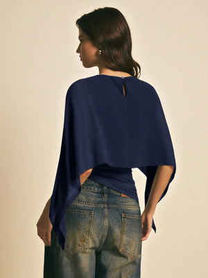 Cape-sleeve T-shirt, Round Neck, Loose Chiffon Cover-up, Elegant Irregular Top/T-shirt