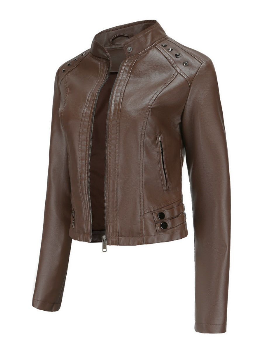 Studs Long Sleeve Stand Collar PU Leather Jackets