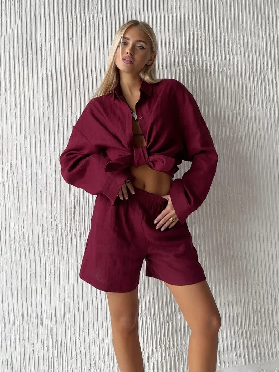 Loose-fit Long Sleeve Shirts Shorts Set 2-piece Sets