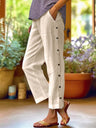 Breathable Cotton And Linen Cropped Trousers With Decorative Side Seams, Side Pockets, And A High Waist.