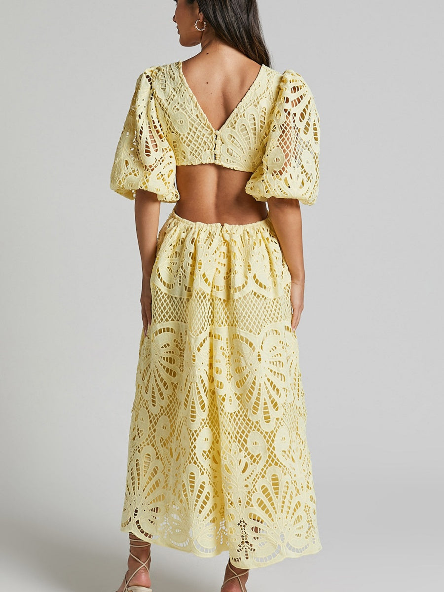 Robe midi sexy en dentelle brodée à col V