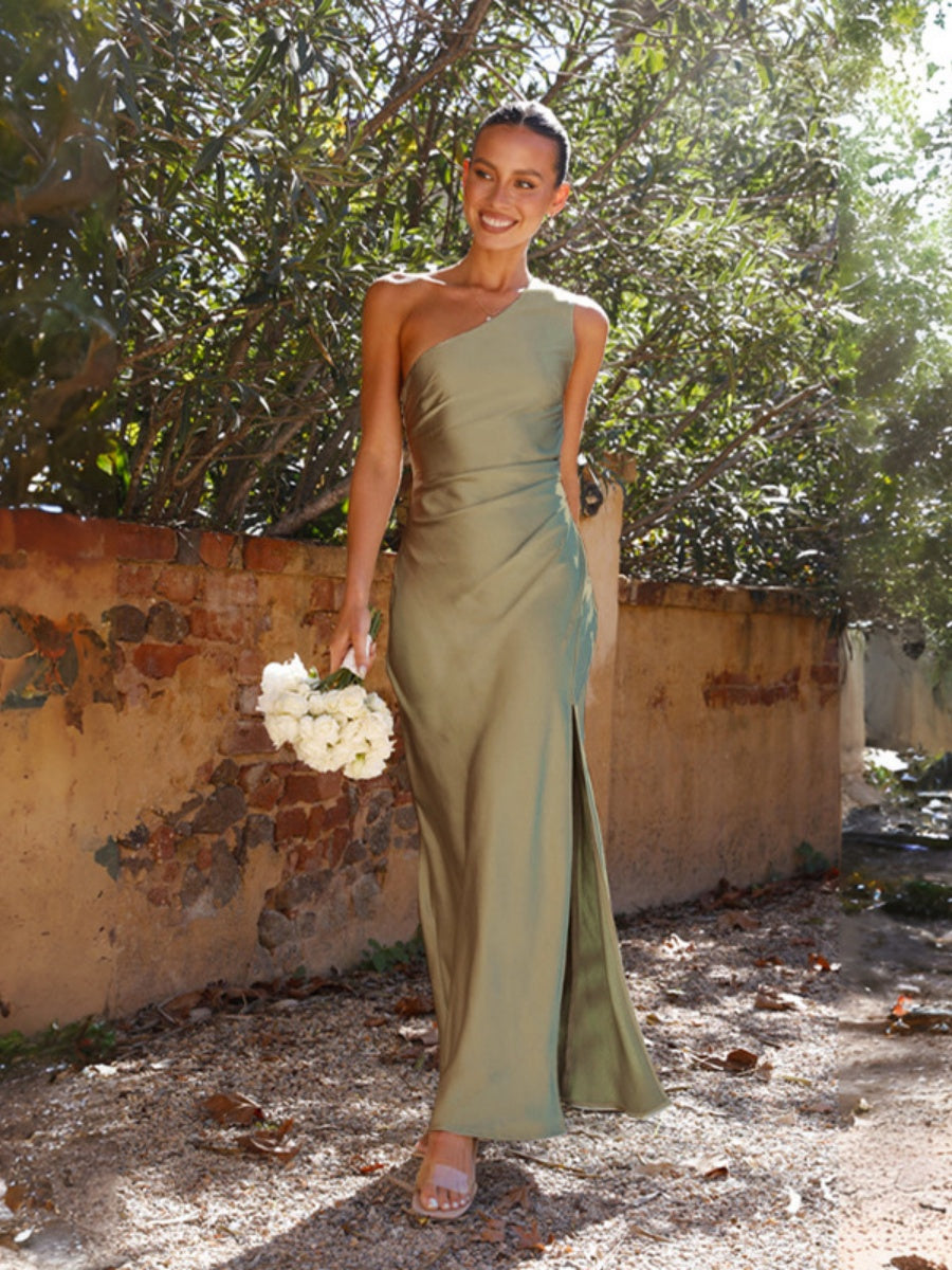 Satin Off-shoulder Pleated Waist Long Dress