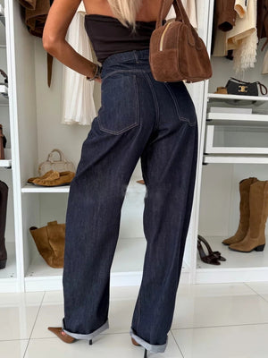 Denim Waist Buttons Blazers Straight Leg Jeans 2-piece Sets