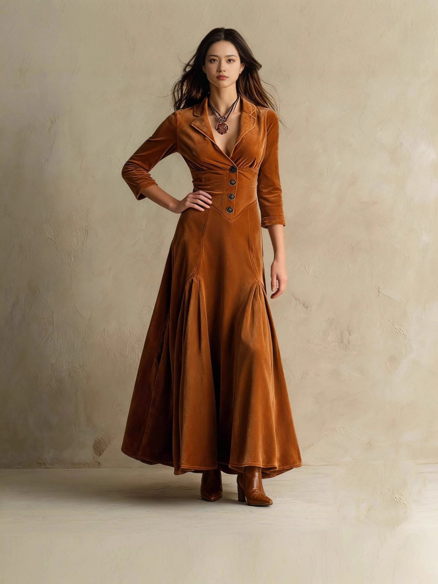 Velvet Swing-style Solid Color Mid-length Dress