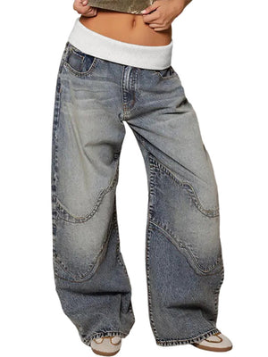 Y2K Color Blocking Threaded Waist Retro Jeans