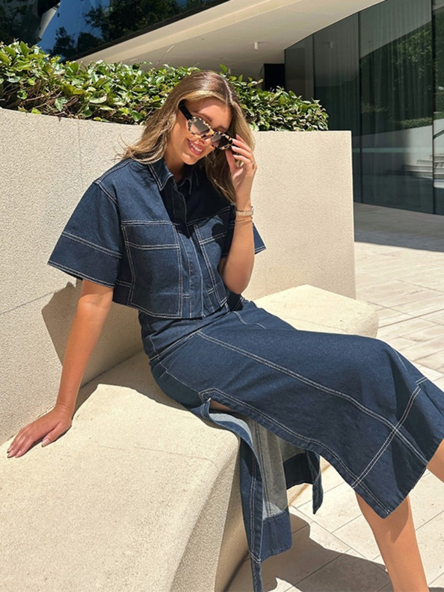 Short Sleeve Shirt Slit Skirts Denim Set 2-piece Sets