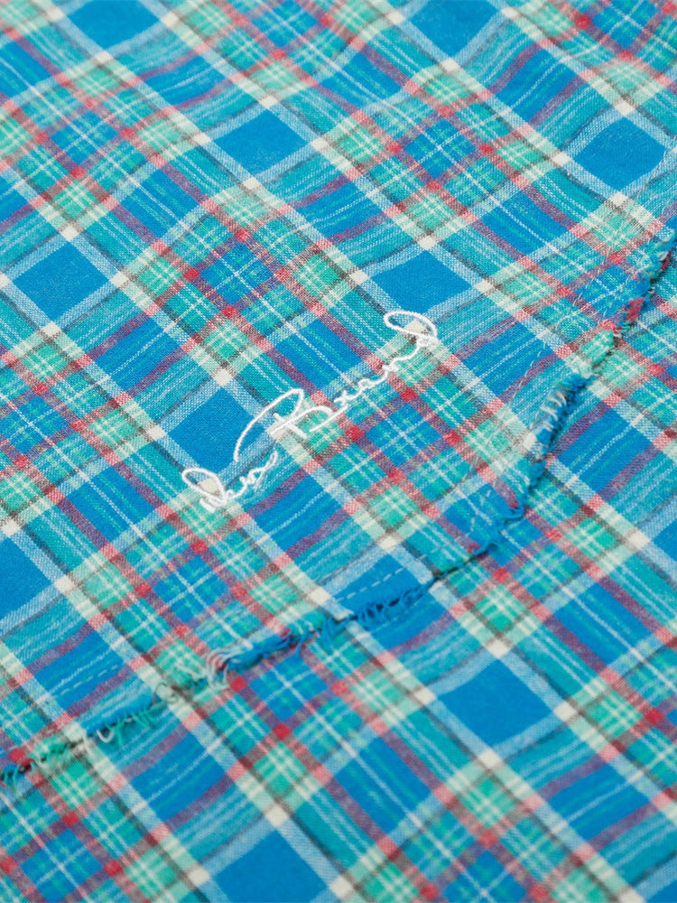 Small Grid Loose Splicing Raw Edges Plaid Long-sleeved Shirt