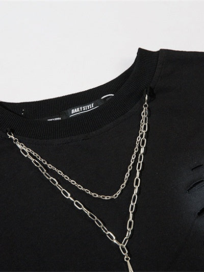 Solid Color Hole Necklaces Oversie Hip Hop Long-sleeved T-shirt