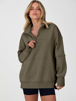 Women's Autumn/Winter Solid Color Half-Zip Long-Sleeve Side-Slit Sweatshirt