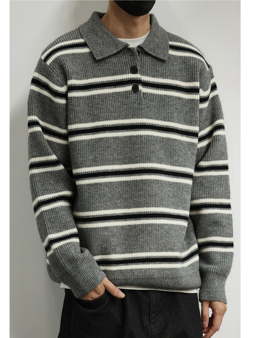 Notch-Collar Striped Sweater