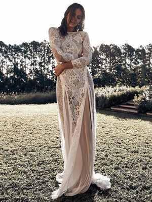 Hollow Printed Long Sleeve Bridal Wedding Dress Maxi Dresses