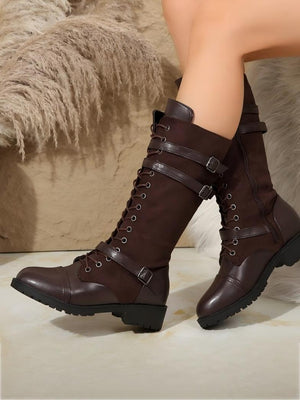 Color-blocked Denim Belt Buckle Knee-high Women's Boots