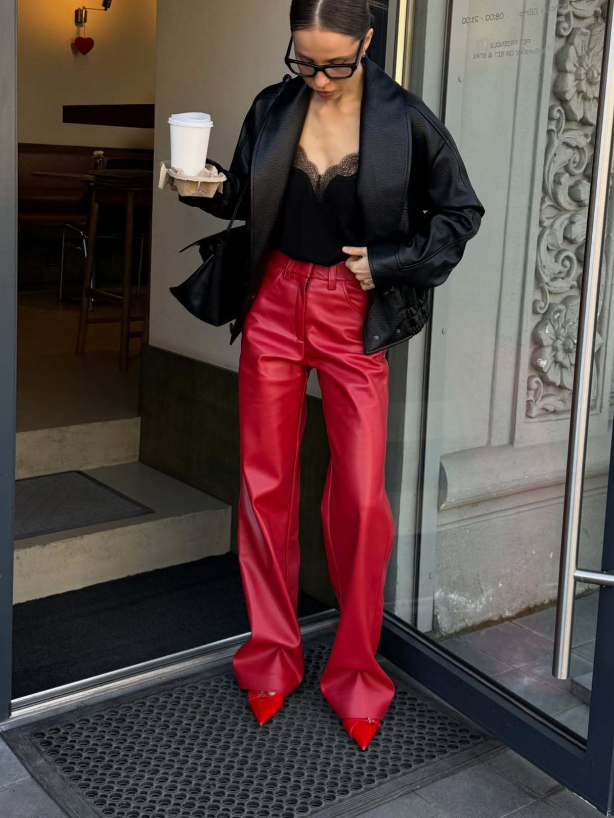 High-waisted Slim-fit Straight-leg PU Leather Pants