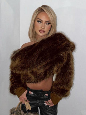 Furry Sloping Shoulders Lapel Long-sleeved Top